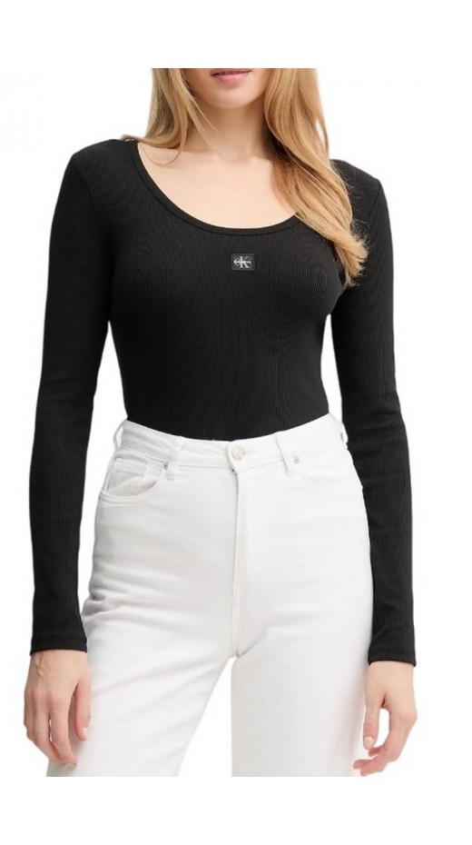 CALVIN KLEIN LS WOVEN LABEL 2X2 RIB SCOOP NEC ΜΠΛΟΥΖΑ ΓΥΝΑΙΚΕΙΑ BLACK