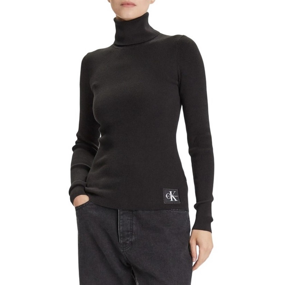 CALVIN KLEIN JEANS WOVEN LABEL ROLL NECK ΜΠΛΟΥΖΑ ΜΑΚΡΥΜΑΝΙΚΗ ΓΥΝΑΙΚΕΙΑ BLACK