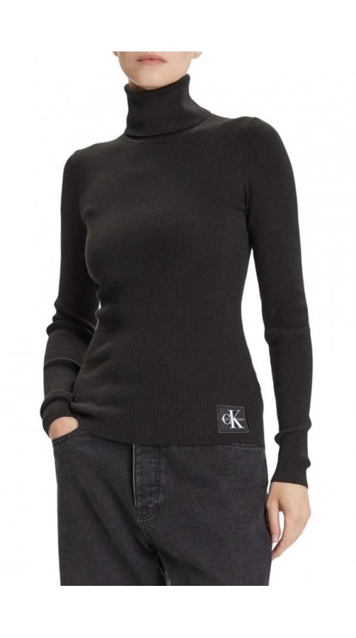 CALVIN KLEIN JEANS WOVEN LABEL ROLL NECK ΜΠΛΟΥΖΑ ΜΑΚΡΥΜΑΝΙΚΗ ΓΥΝΑΙΚΕΙΑ BLACK