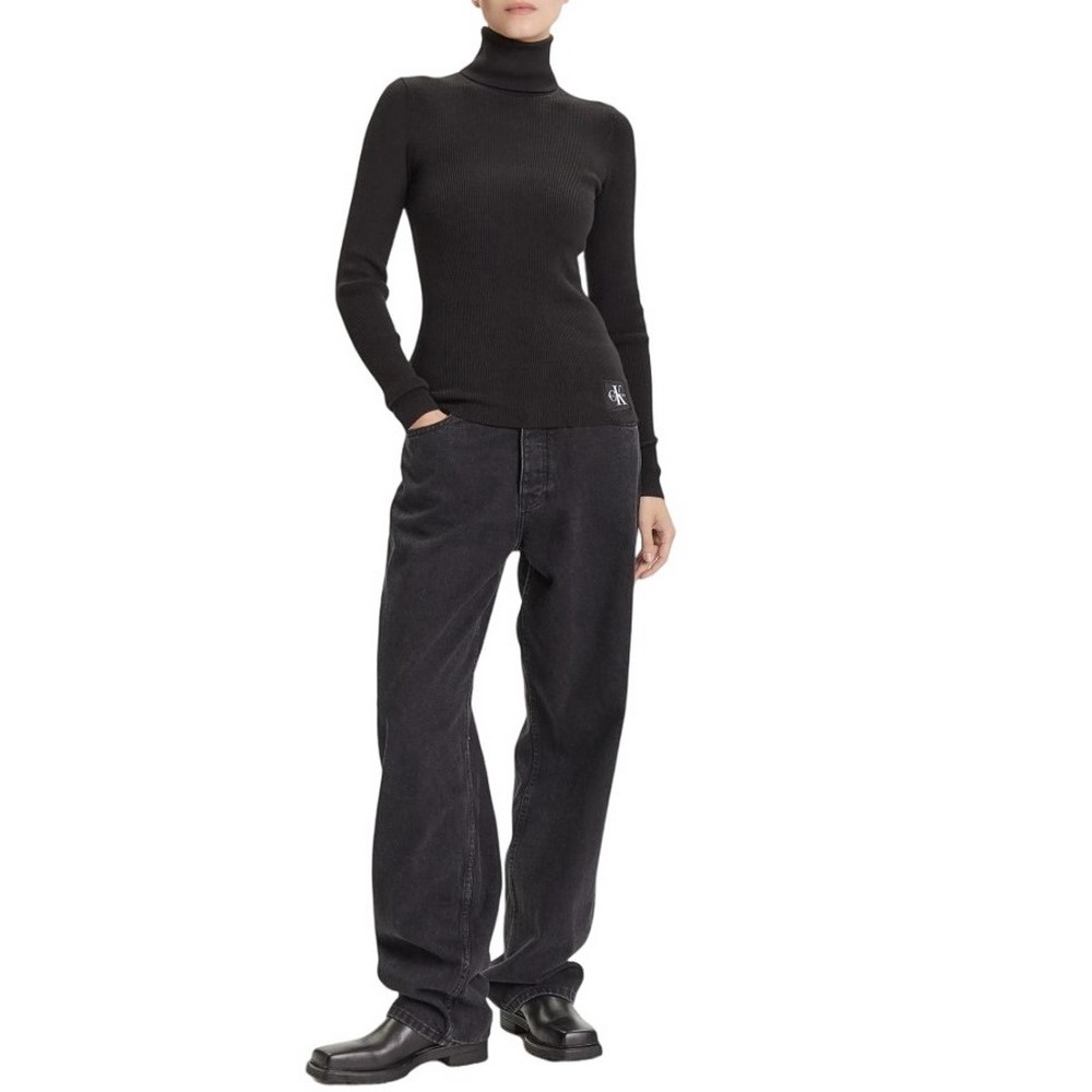 CALVIN KLEIN JEANS WOVEN LABEL ROLL NECK ΜΠΛΟΥΖΑ ΜΑΚΡΥΜΑΝΙΚΗ ΓΥΝΑΙΚΕΙΑ BLACK