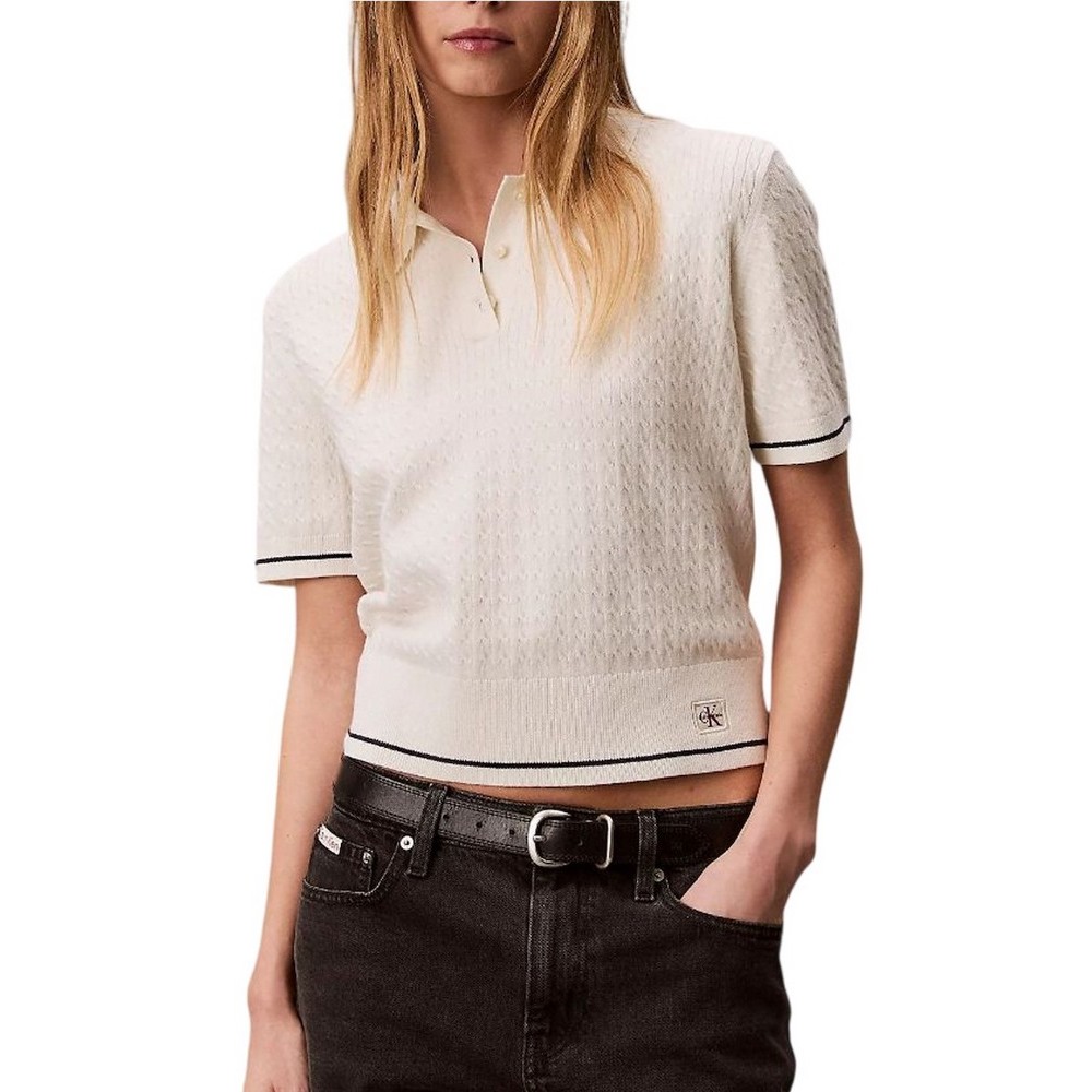 CALVIN KLEIN JEANS WOVEN LABEL CROPPED CABLE ΜΠΛΟΥΖΑ ΓΥΝΑΙΚΕΙΑ OFF WHITE