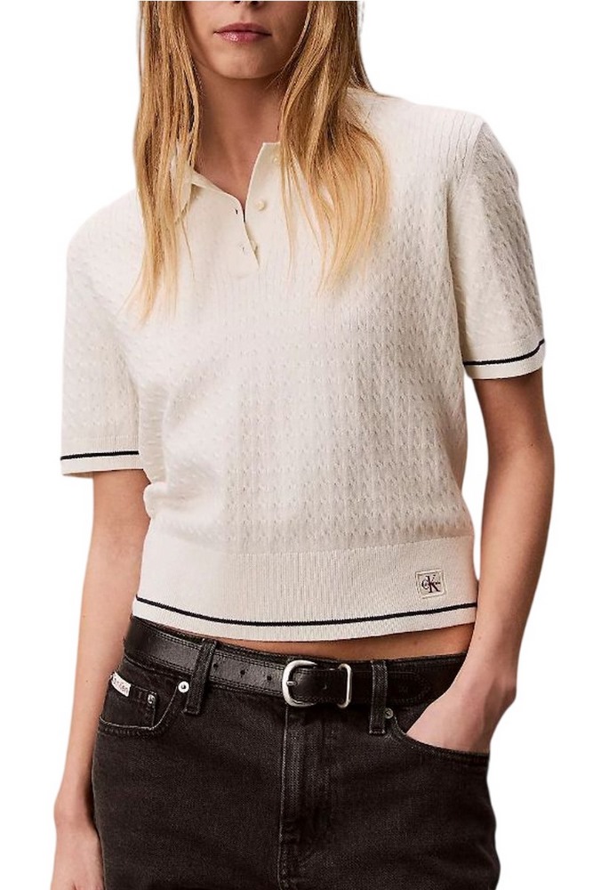 CALVIN KLEIN JEANS WOVEN LABEL CROPPED CABLE ΜΠΛΟΥΖΑ ΓΥΝΑΙΚΕΙΑ OFF WHITE