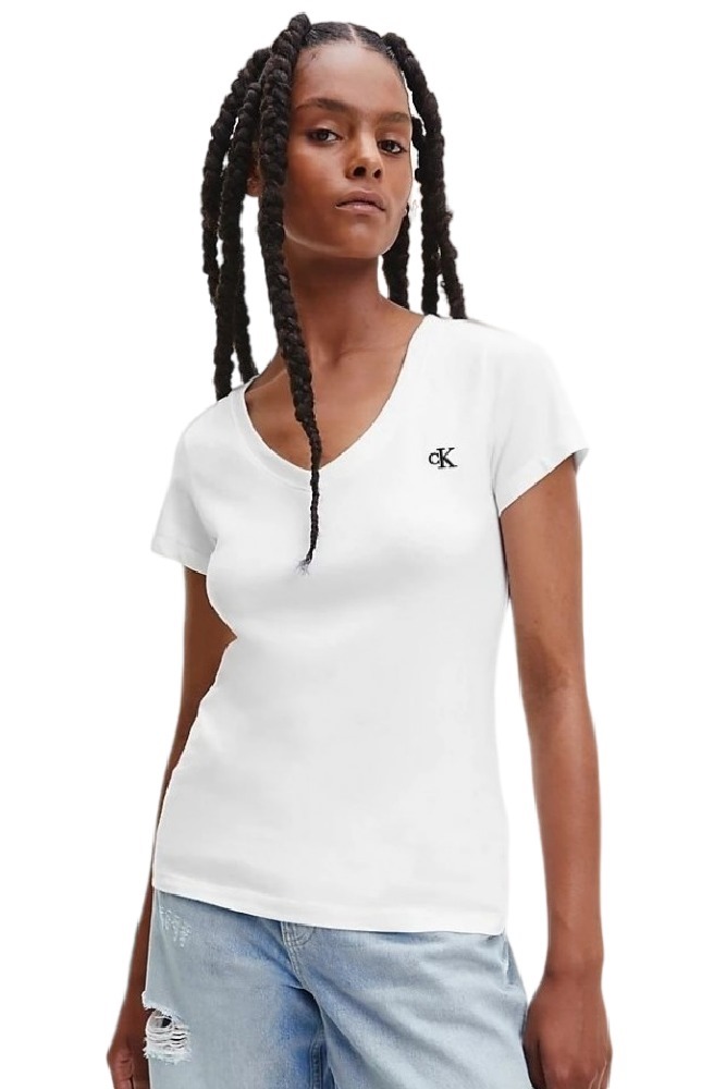 CALVIN KLEIN JEANS EMBROIDERY STRETCH V-NECK T-SHIRT ΓΥΝΑΙΚΕΙΟ WHITE