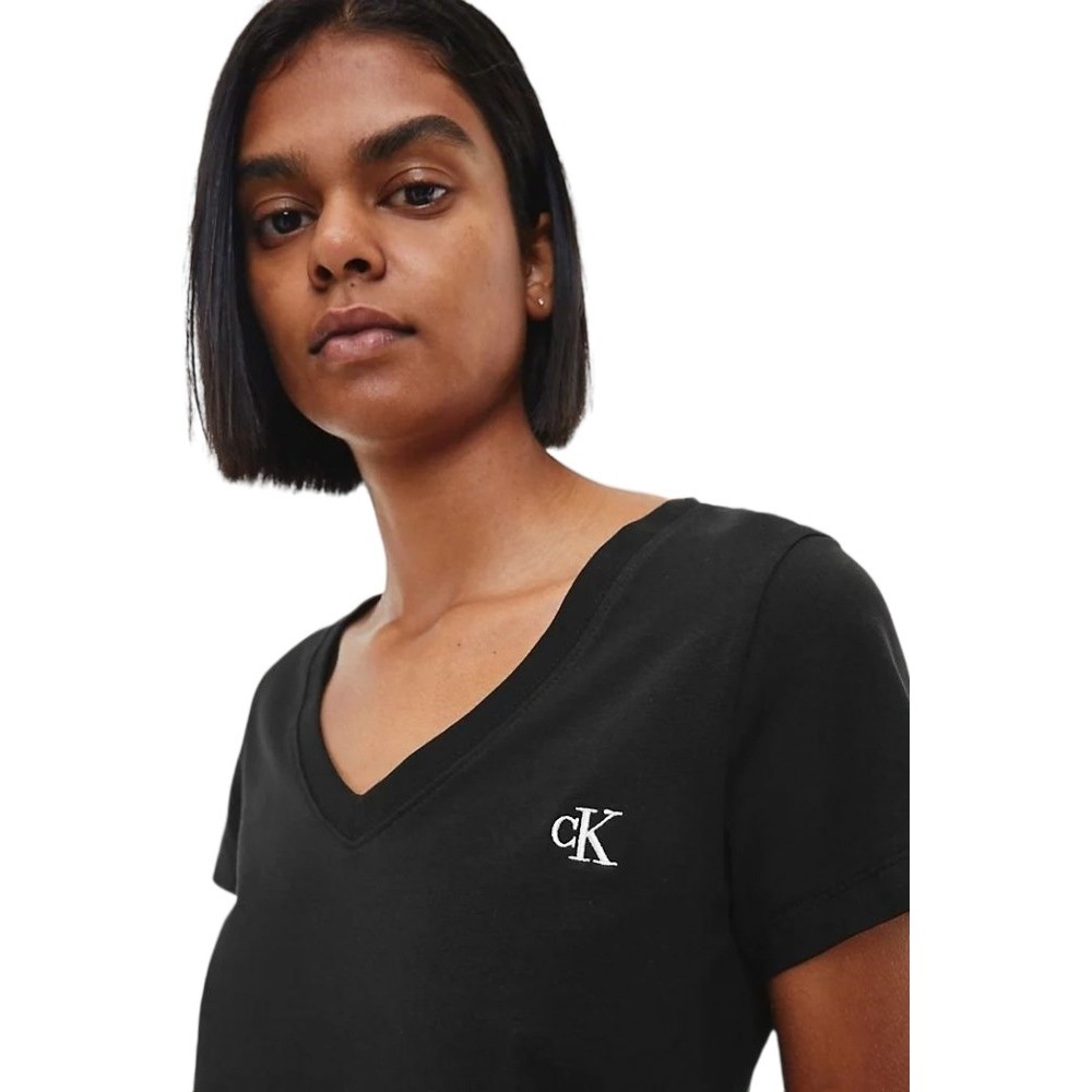 CALVIN KLEIN JEANS EMBROIDERY STRETCH V-NECK T-SHIRT ΓΥΝΑΙΚΕΙΟ BLACK