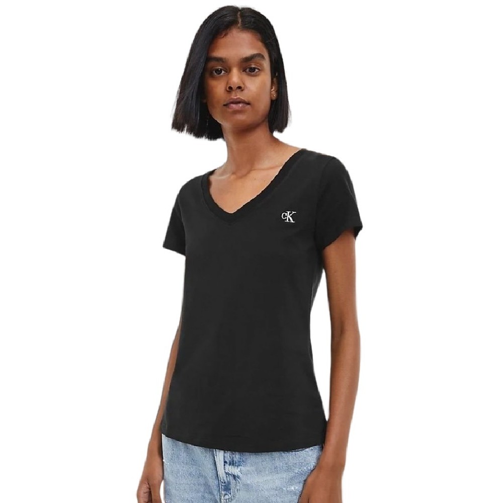 CALVIN KLEIN JEANS EMBROIDERY STRETCH V-NECK T-SHIRT ΓΥΝΑΙΚΕΙΟ BLACK
