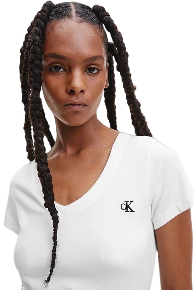 CALVIN KLEIN JEANS EMBROIDERY STRETCH V-NECK T-SHIRT ΓΥΝΑΙΚΕΙΟ WHITE