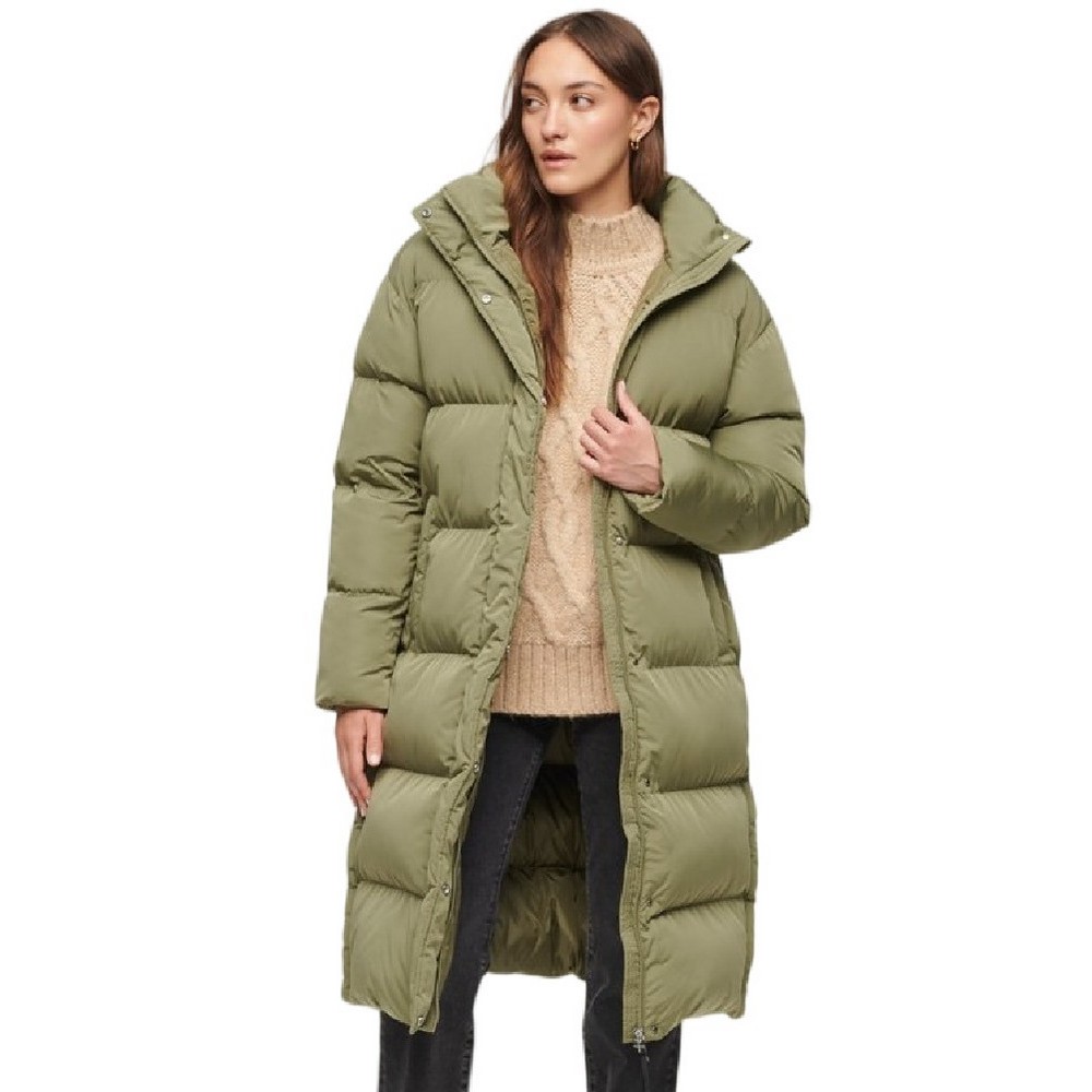 SUPERDRY D5 STUD LONGLINE HOODED PUFFER COAT ΜΠΟΥΦΑΝ ΓΥΝΑΙΚΕΙΟ KHAKI