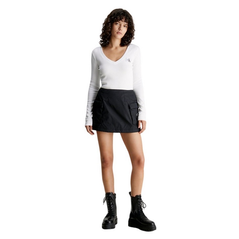 CALVIN KLEIN JEANS WOVEN LABEL V-NECK LONG SLEEVE ΜΠΛΟΥΖΑ ΓΥΝΑΙΚΕΙΑ BRIGHT WHITE