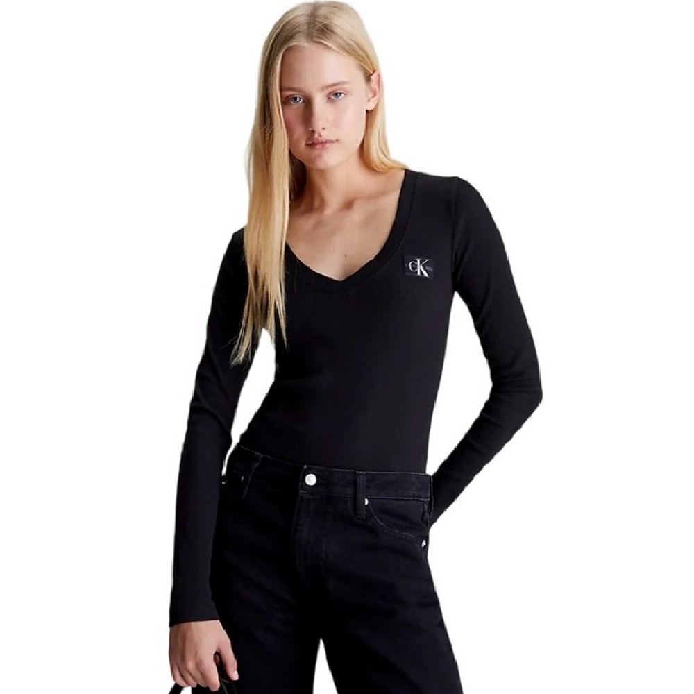 CALVIN KLEIN JEANS WOVEN LABEL V-NECK LONG SLEEVE ΜΠΛΟΥΖΑ ΓΥΝΑΙΚΕΙΑ BLACK