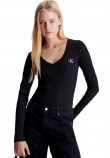 CALVIN KLEIN JEANS WOVEN LABEL V-NECK LONG SLEEVE ΜΠΛΟΥΖΑ ΓΥΝΑΙΚΕΙΑ BLACK