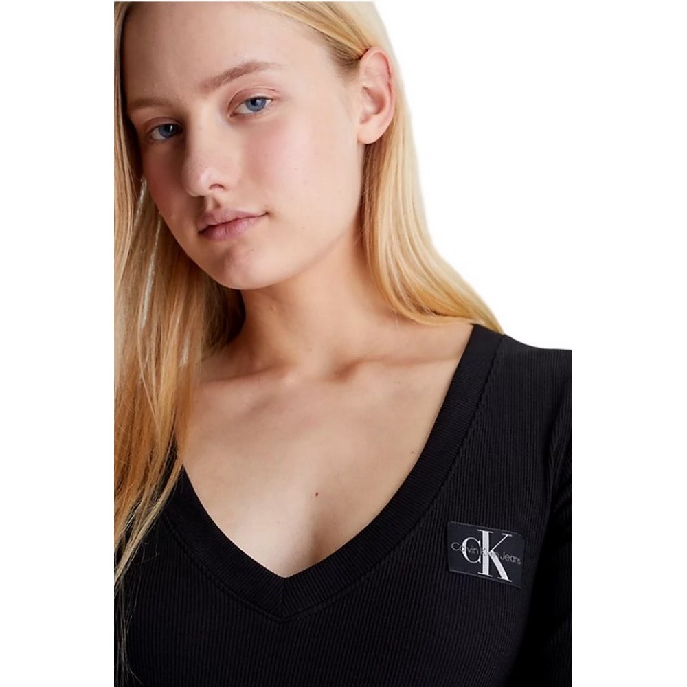 CALVIN KLEIN JEANS WOVEN LABEL V-NECK LONG SLEEVE ΜΠΛΟΥΖΑ ΓΥΝΑΙΚΕΙΑ BLACK