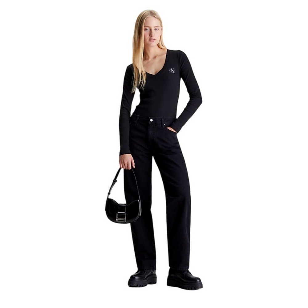 CALVIN KLEIN JEANS WOVEN LABEL V-NECK LONG SLEEVE ΜΠΛΟΥΖΑ ΓΥΝΑΙΚΕΙΑ BLACK