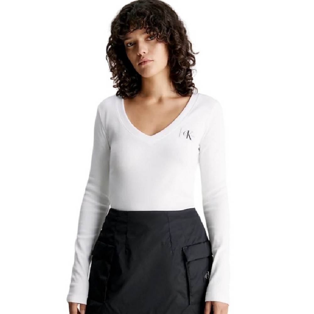 CALVIN KLEIN JEANS WOVEN LABEL V-NECK LONG SLEEVE ΜΠΛΟΥΖΑ ΓΥΝΑΙΚΕΙΑ BRIGHT WHITE
