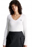 CALVIN KLEIN JEANS WOVEN LABEL V-NECK LONG SLEEVE ΜΠΛΟΥΖΑ ΓΥΝΑΙΚΕΙΑ BRIGHT WHITE
