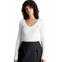 CALVIN KLEIN JEANS WOVEN LABEL V-NECK LONG SLEEVE ΜΠΛΟΥΖΑ ΓΥΝΑΙΚΕΙΑ BRIGHT WHITE