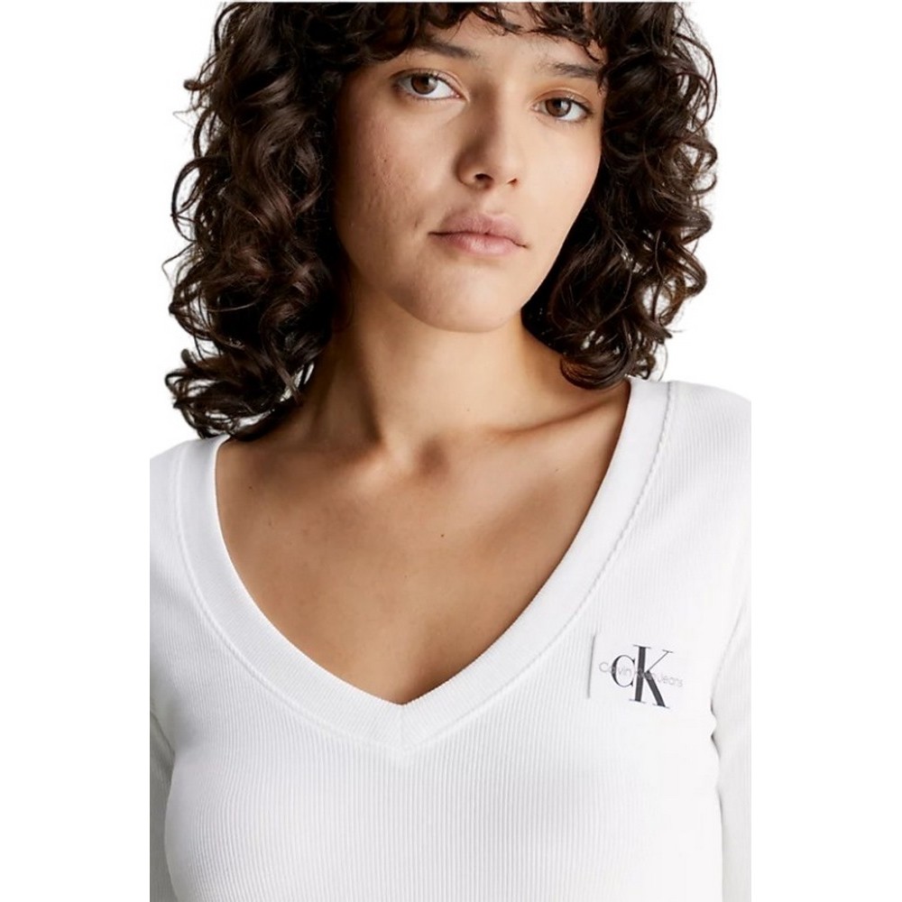 CALVIN KLEIN JEANS WOVEN LABEL V-NECK LONG SLEEVE ΜΠΛΟΥΖΑ ΓΥΝΑΙΚΕΙΑ BRIGHT WHITE
