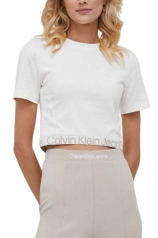 CALVIN KLEIN JEANS WAIST LOGO ELASTIC SHORT SLEEVE ΤΟΠ ΓΥΝΑΙΚΕΙΟ ECRU