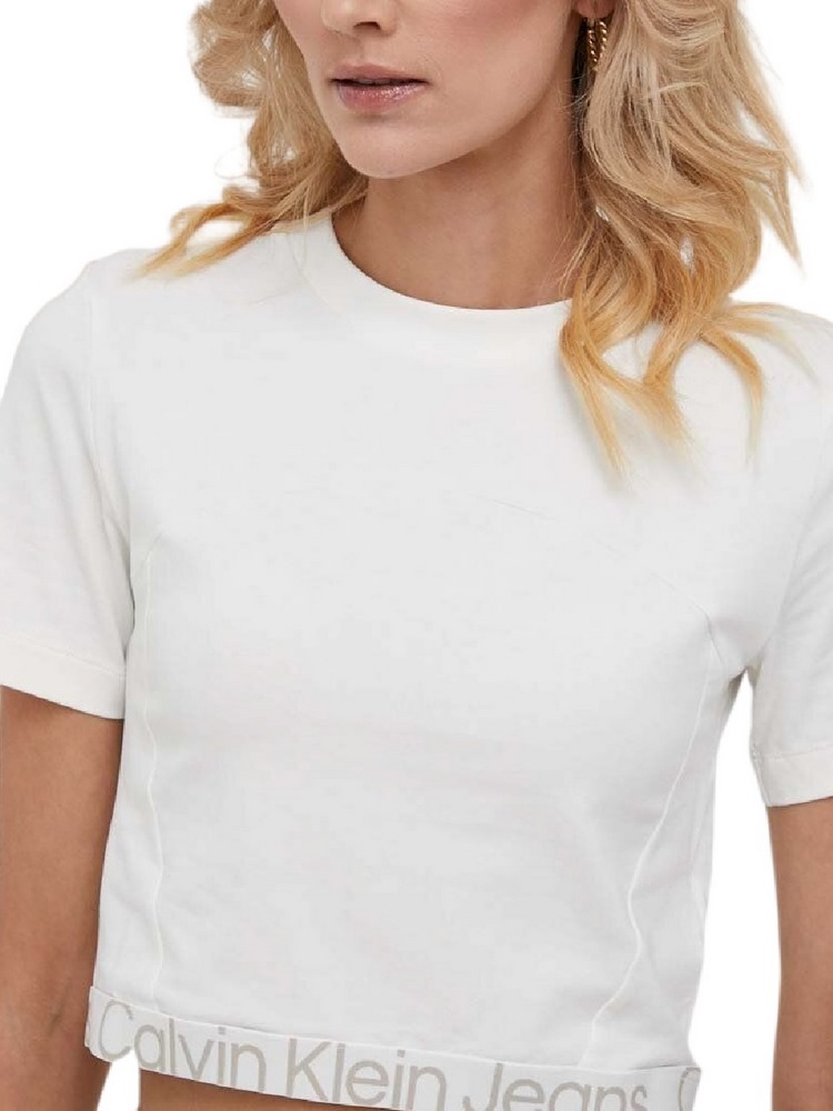 CALVIN KLEIN JEANS WAIST LOGO ELASTIC SHORT SLEEVE ΤΟΠ ΓΥΝΑΙΚΕΙΟ ECRU