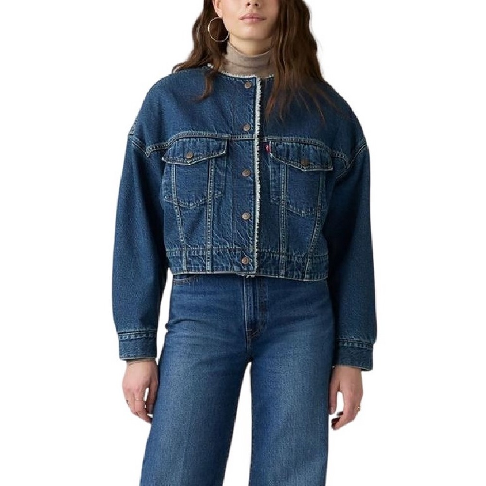 LEVIS COLLARLESS CROP SHERPA TRUCKER WORN IN ΜΠΟΥΦΑΝ ΤΖΙΝ ΓΥΝΑΙΚΕΙΟ MED INDIGO