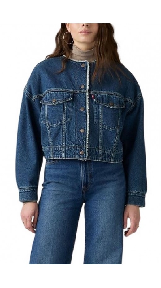 LEVIS COLLARLESS CROP SHERPA TRUCKER WORN IN ΜΠΟΥΦΑΝ ΤΖΙΝ ΓΥΝΑΙΚΕΙΟ MED INDIGO