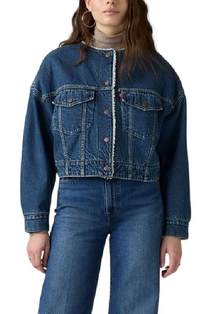 LEVIS COLLARLESS CROP SHERPA TRUCKER WORN IN ΜΠΟΥΦΑΝ ΤΖΙΝ ΓΥΝΑΙΚΕΙΟ MED INDIGO