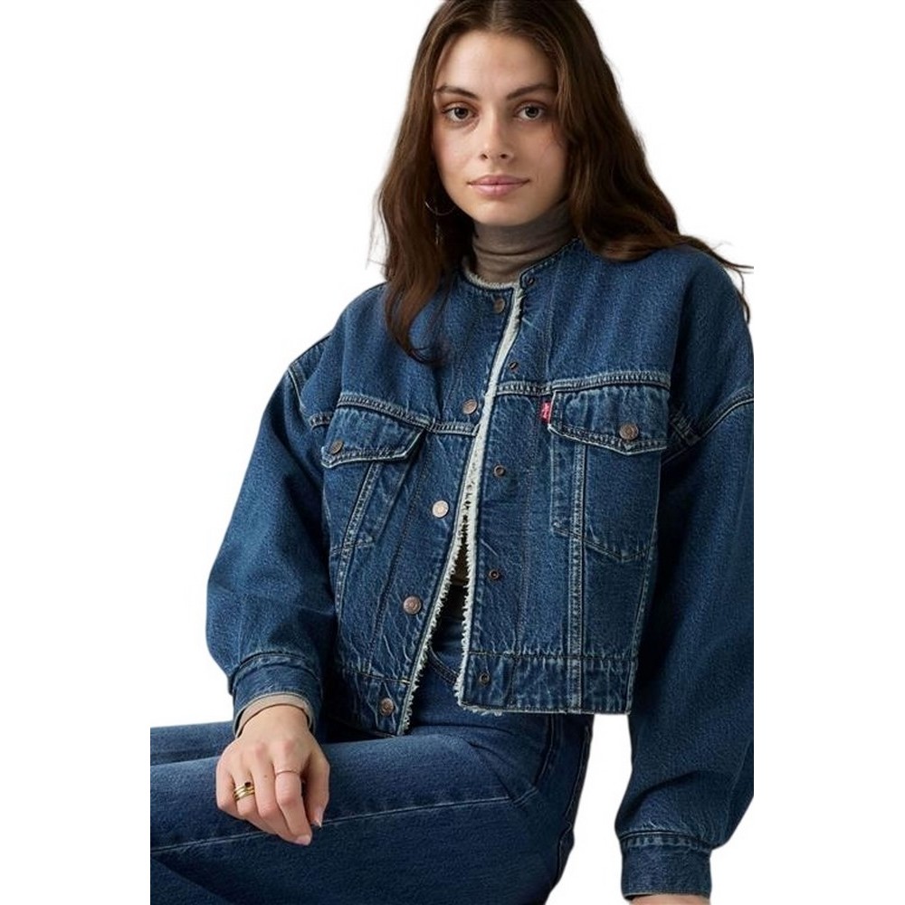 LEVIS COLLARLESS CROP SHERPA TRUCKER WORN IN ΜΠΟΥΦΑΝ ΤΖΙΝ ΓΥΝΑΙΚΕΙΟ MED INDIGO
