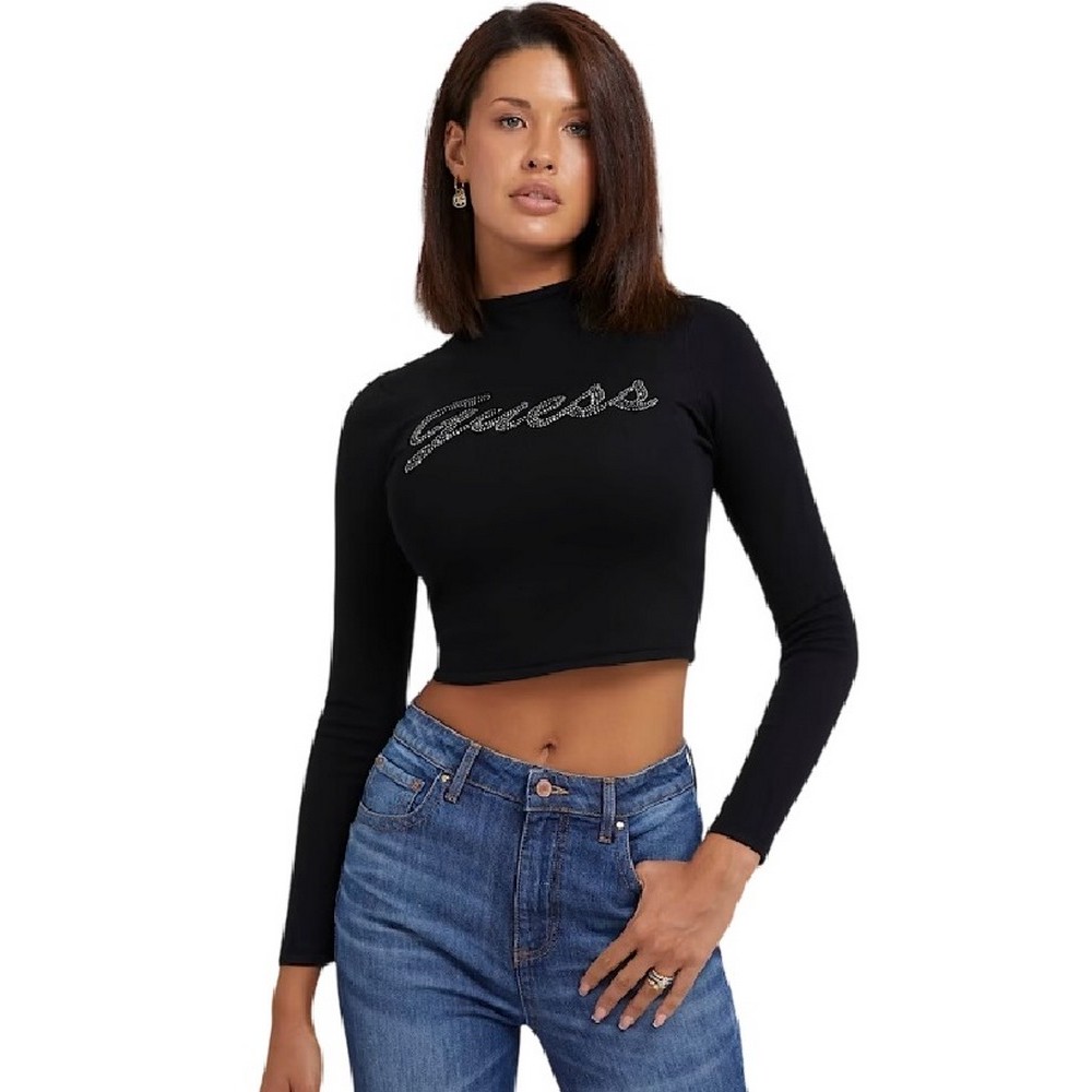 GUESS LS GUESS RHINESTONE LOGO SWTR ΜΠΛΟΥΖΑ ΠΛΕΚΤΟ ΓΥΝΑΙΚΕΙΑ BLACK