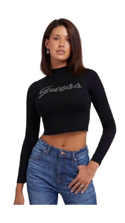 GUESS LS GUESS RHINESTONE LOGO SWTR ΜΠΛΟΥΖΑ ΠΛΕΚΤΟ ΓΥΝΑΙΚΕΙΑ BLACK