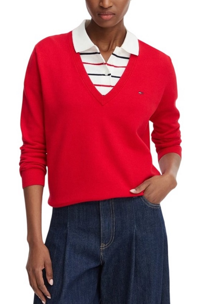 TOMMY JEANS ESSENTIAL VNECK SWEATER EXT ΠΛΕΚΤΗ ΜΠΛΟΥΖΑ ΓΥΝΑΙΚΕΙΑ RED