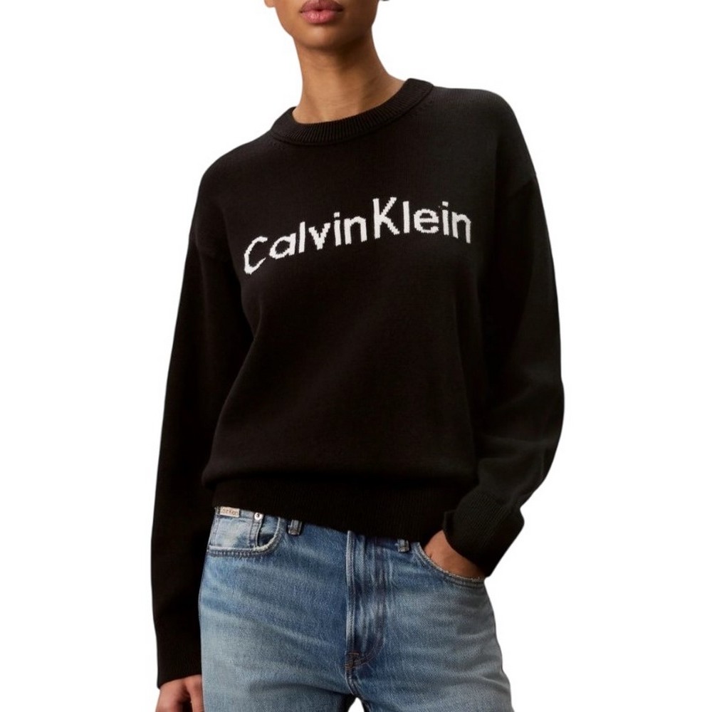 CALVIN KLEIN JEANS CONTRAST LOGO LS SWEATER ΜΠΛΟΥΖΑ ΠΛΕΚΤΗ ΓΥΝΑΙΚΕΙΑ BLACK