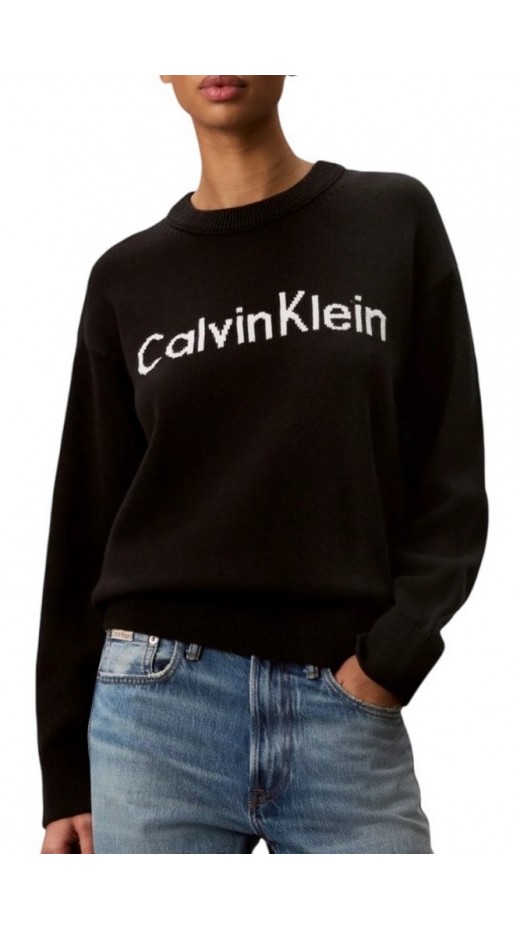 CALVIN KLEIN JEANS CONTRAST LOGO LS SWEATER ΜΠΛΟΥΖΑ ΠΛΕΚΤΗ ΓΥΝΑΙΚΕΙΑ BLACK
