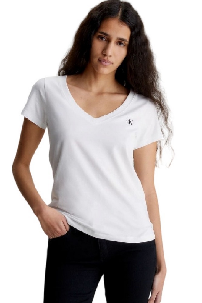 CALVIN KLEIN JEANS EMBROIDERY STRETCH V-NECK T-SHIRT ΓΥΝΑΙΚΕΙΟ WHITE