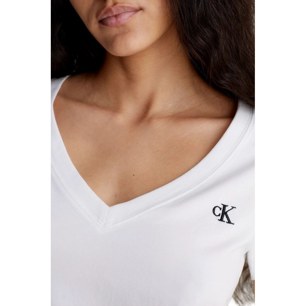 CALVIN KLEIN JEANS EMBROIDERY STRETCH V-NECK T-SHIRT ΓΥΝΑΙΚΕΙΟ WHITE