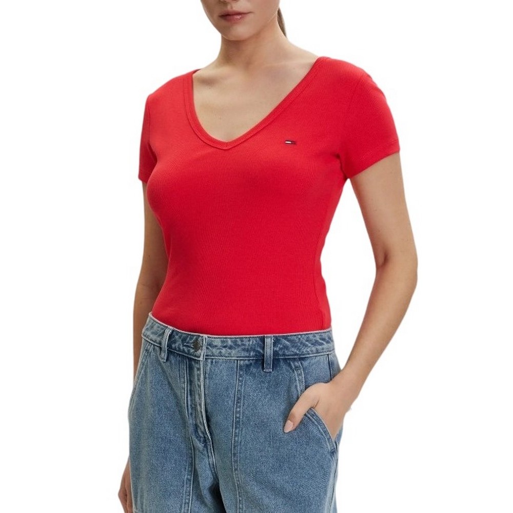 TOMMY JEANS SLIM ESSENTIAL RIB V SS T-SHIRT ΜΠΛΟΥΖΑ ΓΥΝΑΙΚΕΙΑ RED