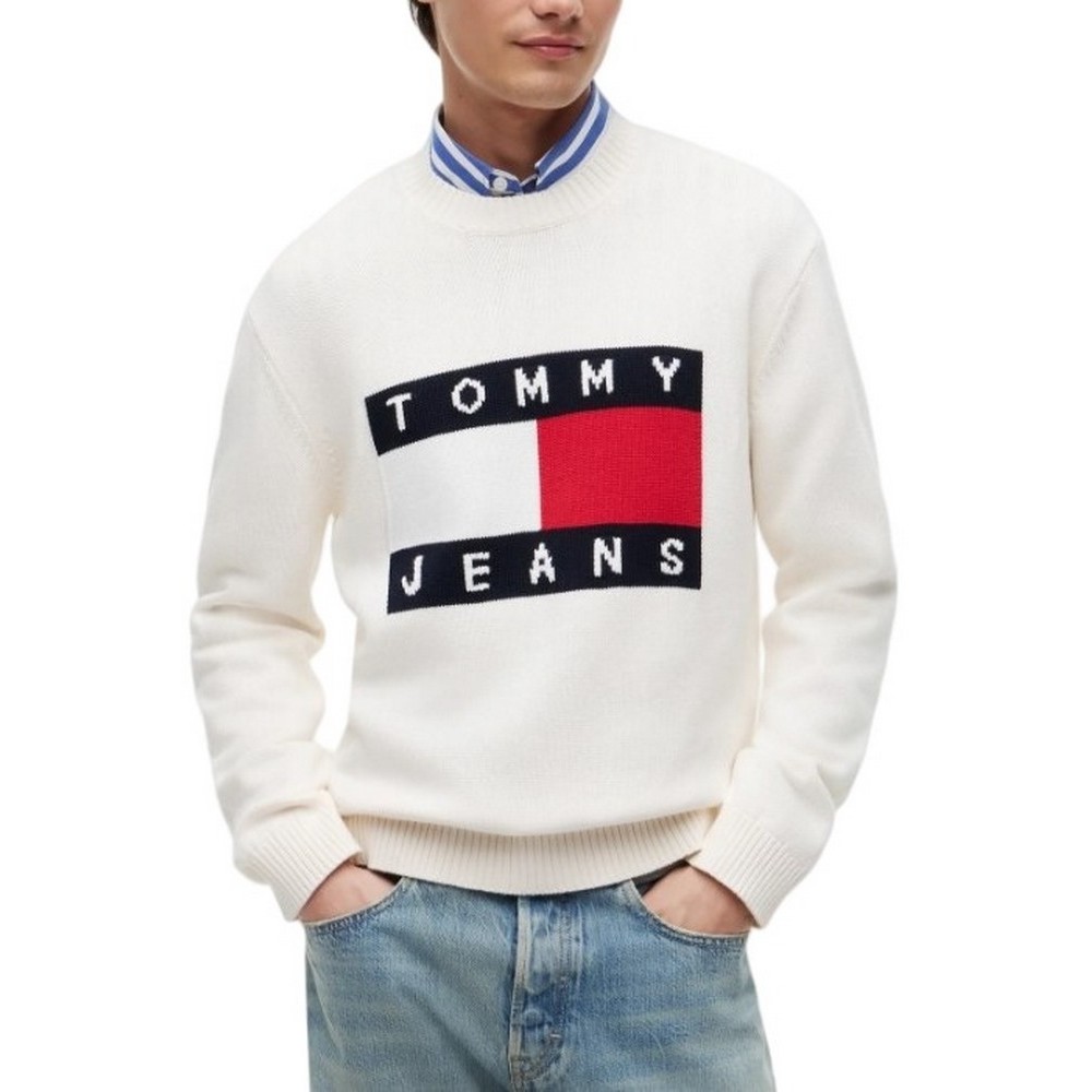 TOMMY JEANS REG FLAG SWEATER CNCK ΠΛΕΚΤΗ ΜΠΛΟΥΖΑ ΑΝΔΡΙΚΗ OFF WHITE