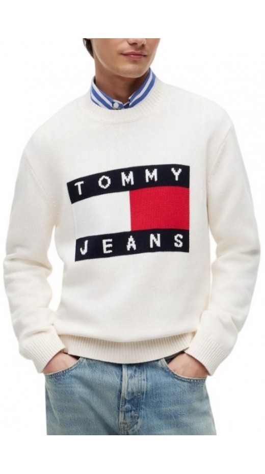 TOMMY JEANS REG FLAG SWEATER CNCK ΠΛΕΚΤΗ ΜΠΛΟΥΖΑ ΑΝΔΡΙΚΗ OFF WHITE