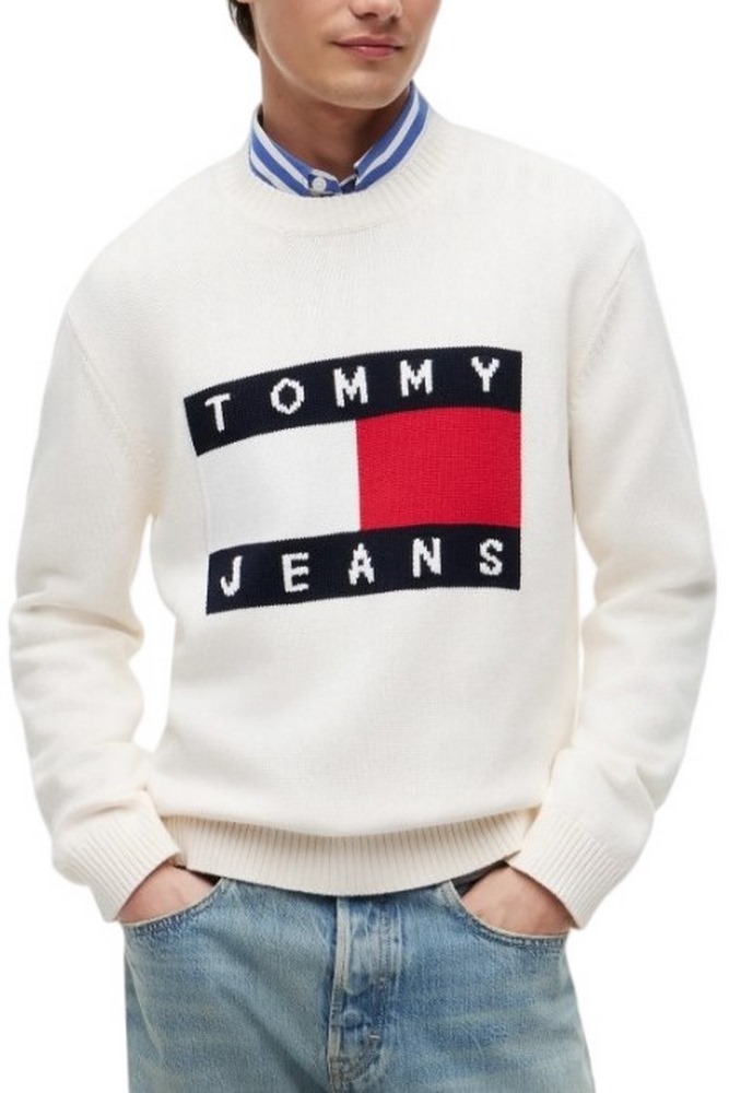 TOMMY JEANS REG FLAG SWEATER CNCK ΠΛΕΚΤΗ ΜΠΛΟΥΖΑ ΑΝΔΡΙΚΗ OFF WHITE