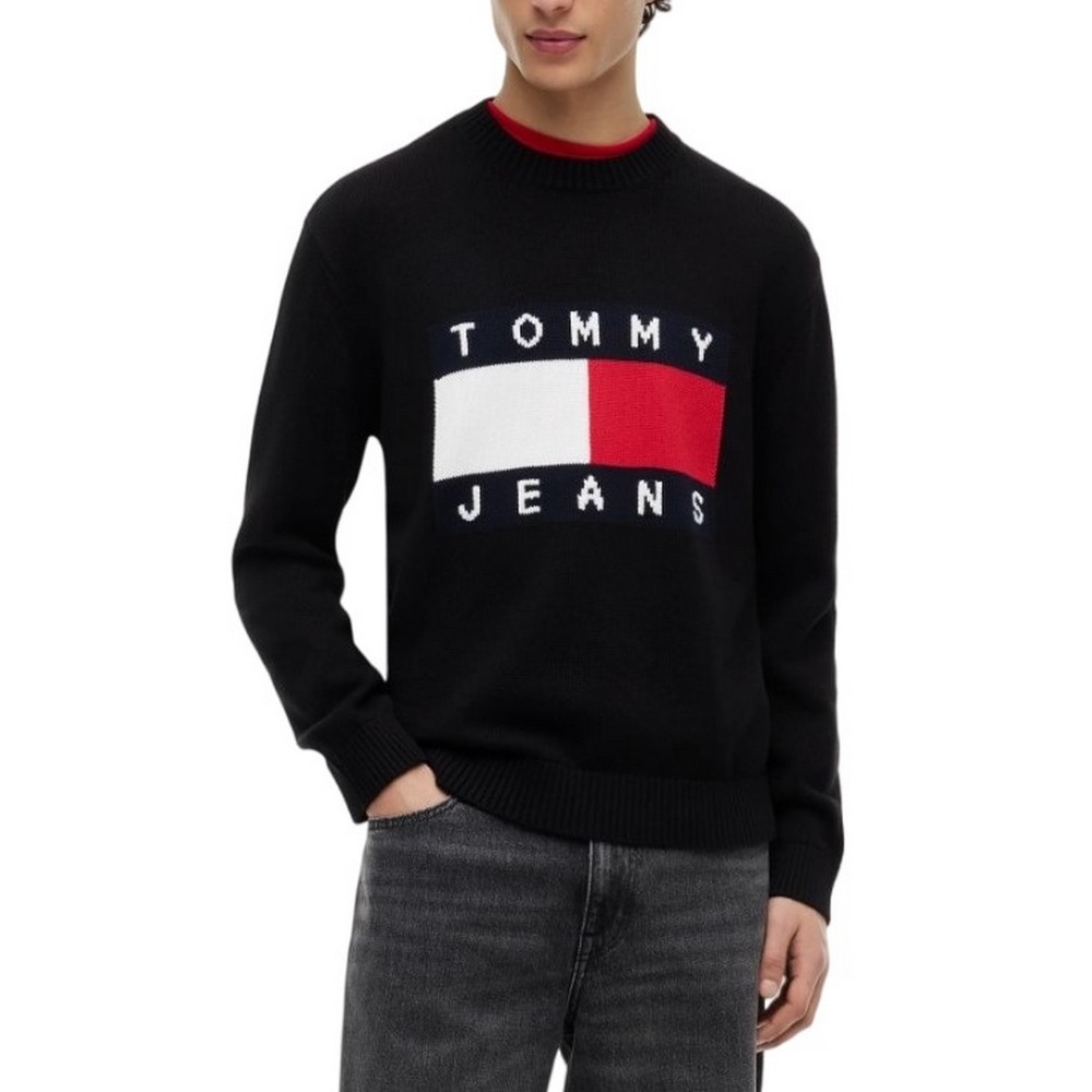 TOMMY JEANS REG FLAG SWEATER CNCK ΠΛΕΚΤΗ ΜΠΛΟΥΖΑ ΑΝΔΡΙΚΗ BLACK