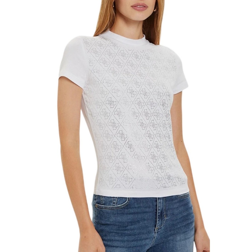 GUESS MOCK NECK ALL OVER 4G TEE T-SHIRT ΜΠΛΟΥΖΑ ΓΥΝΑΙΚΕΙΑ WHITE