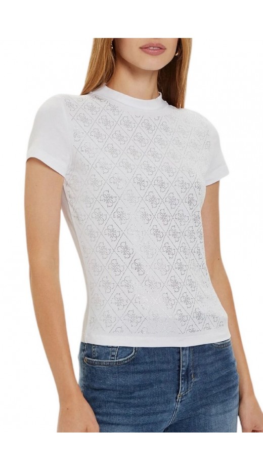 GUESS MOCK NECK ALL OVER 4G TEE T-SHIRT ΜΠΛΟΥΖΑ ΓΥΝΑΙΚΕΙΑ WHITE