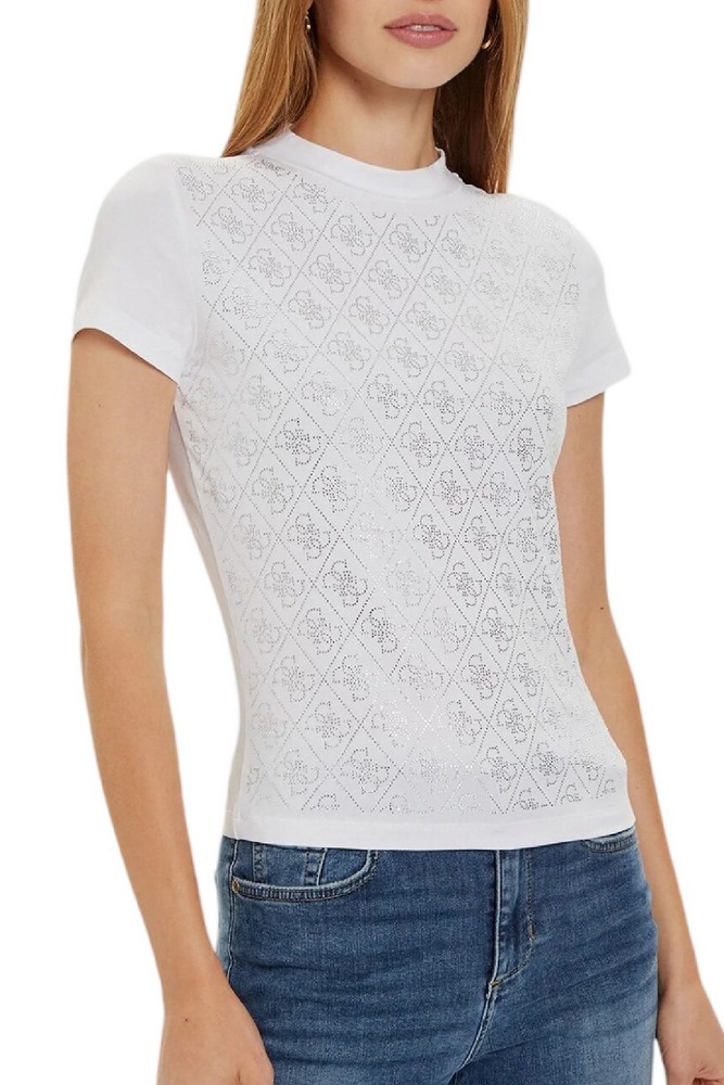 GUESS MOCK NECK ALL OVER 4G TEE T-SHIRT ΜΠΛΟΥΖΑ ΓΥΝΑΙΚΕΙΑ WHITE