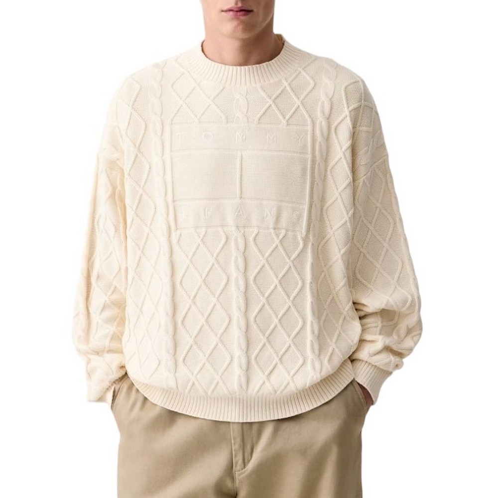 TOMMY JEANS RLX FLAG CABLE SWEATER EXT ΜΠΛΟΥΖΑ ΠΛΕΚΤΗ ΑΝΔΡΙΚΗ CREAMY WHITE