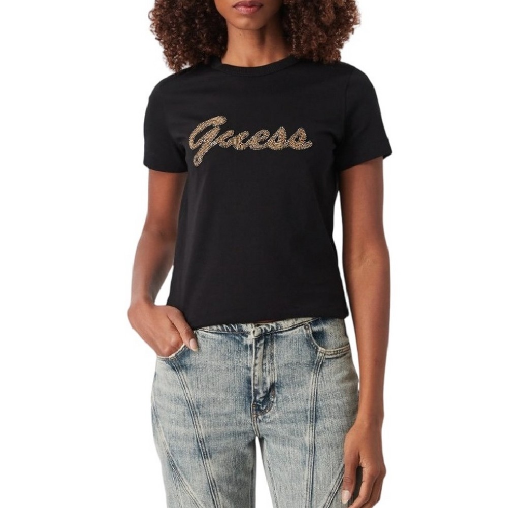 GUESS CN BEADS SCRIPT T-SHIRT ΜΠΛΟΥΖΑ ΓΥΝΑΙΚΕΙΑ BLACK