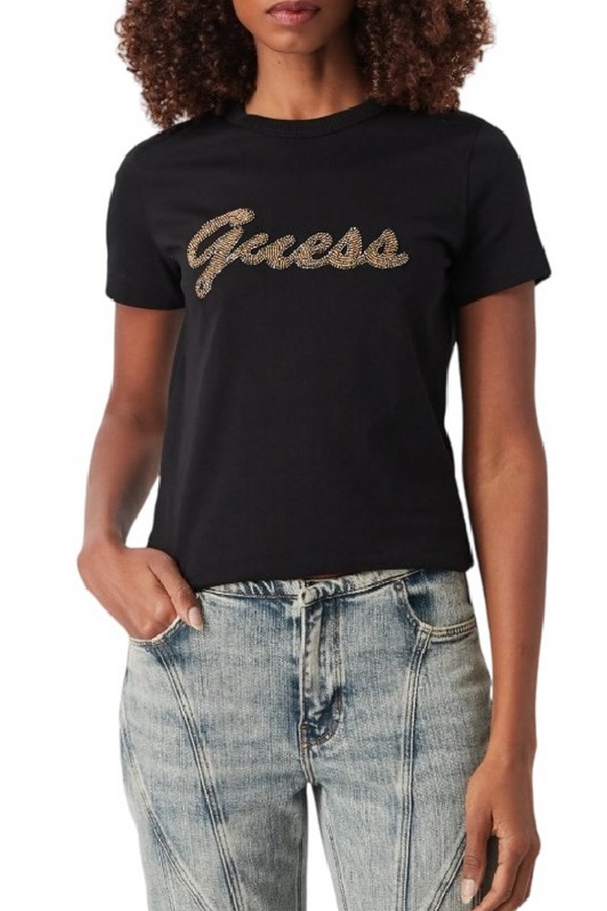 GUESS CN BEADS SCRIPT T-SHIRT ΜΠΛΟΥΖΑ ΓΥΝΑΙΚΕΙΑ BLACK
