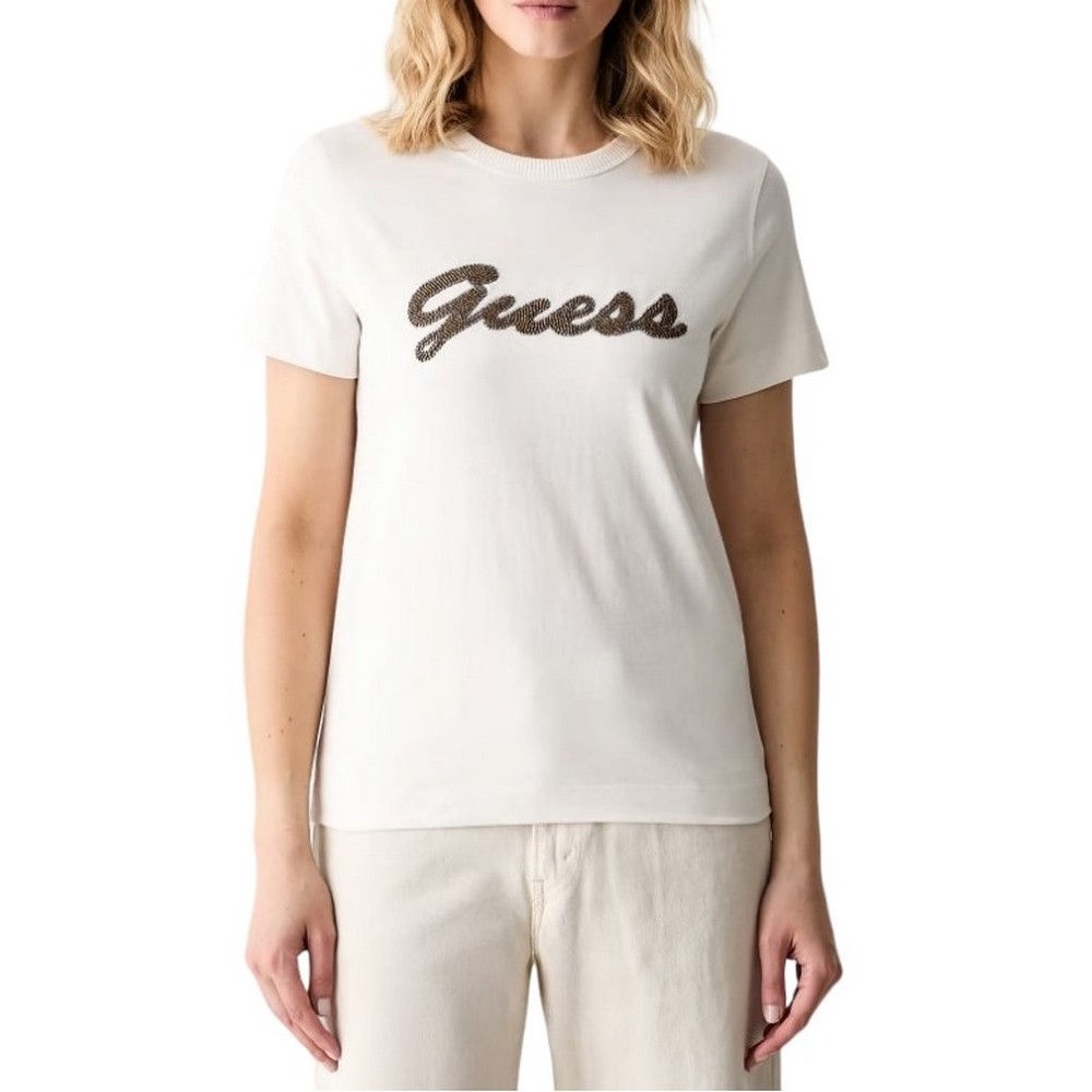 GUESS CN BEADS SCRIPT T-SHIRT ΜΠΛΟΥΖΑ ΓΥΝΑΙΚΕΙΑ OFF WHITE
