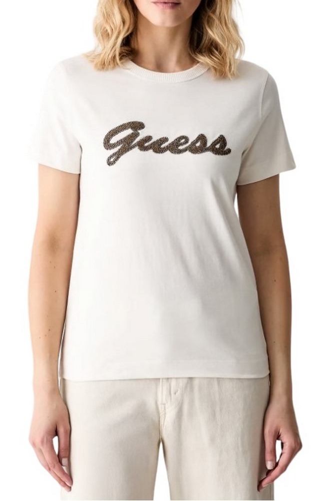 GUESS CN BEADS SCRIPT T-SHIRT ΜΠΛΟΥΖΑ ΓΥΝΑΙΚΕΙΑ OFF WHITE