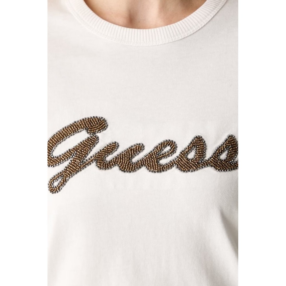 GUESS CN BEADS SCRIPT T-SHIRT ΜΠΛΟΥΖΑ ΓΥΝΑΙΚΕΙΑ OFF WHITE