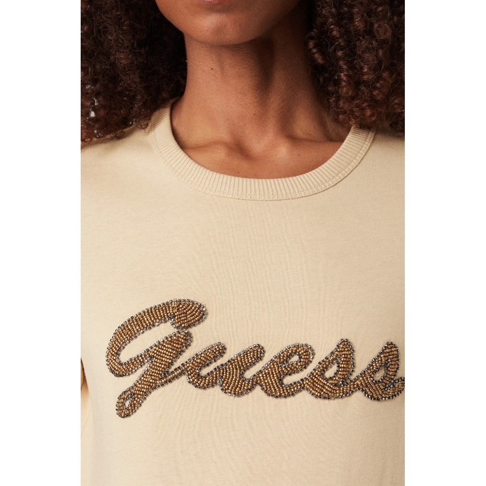 GUESS CN BEADS SCRIPT T-SHIRT ΜΠΛΟΥΖΑ ΓΥΝΑΙΚΕΙΑ BEIGE