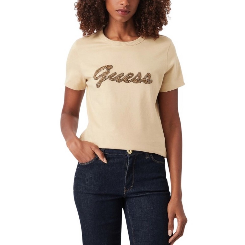 GUESS CN BEADS SCRIPT T-SHIRT ΜΠΛΟΥΖΑ ΓΥΝΑΙΚΕΙΑ BEIGE
