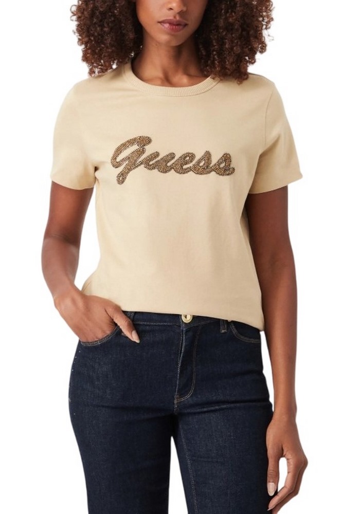 GUESS CN BEADS SCRIPT T-SHIRT ΜΠΛΟΥΖΑ ΓΥΝΑΙΚΕΙΑ BEIGE
